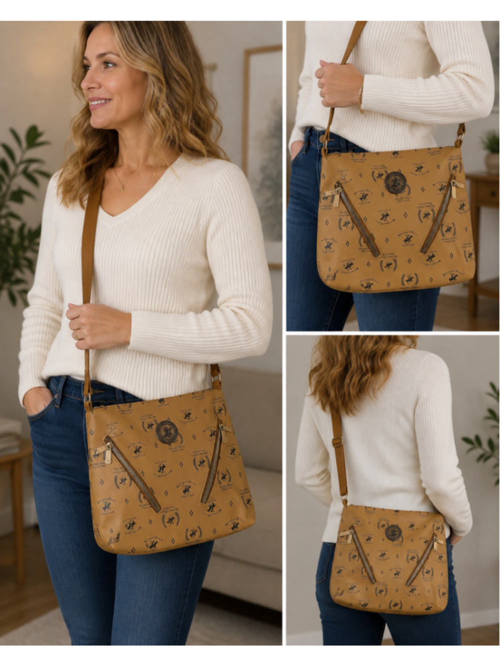 Beverly Hills Polo Club Tan Logo Crossbody Shoulder Bag